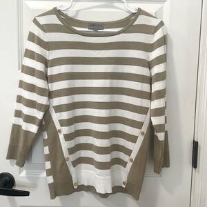 Joseph A white and Tan striped sweater with gold buttons. M petite